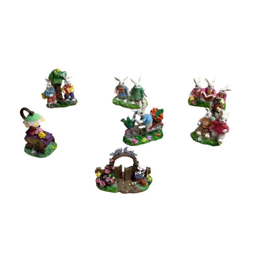 Vtg Easter Bunny Village Set Of 7 Hand-Painted Resin Figurines Garden Scene Bike